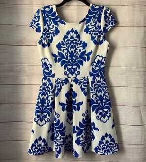 B. Darlin Juniors White and Blue Damask Pattern Dress Fit and Flare Size 13/14